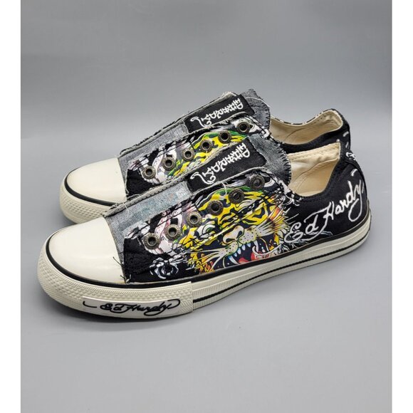 Vintage Don Ed Hardy women's size 7 yellow tiger canvas slip on shoes S1 - Picture 3 of 11